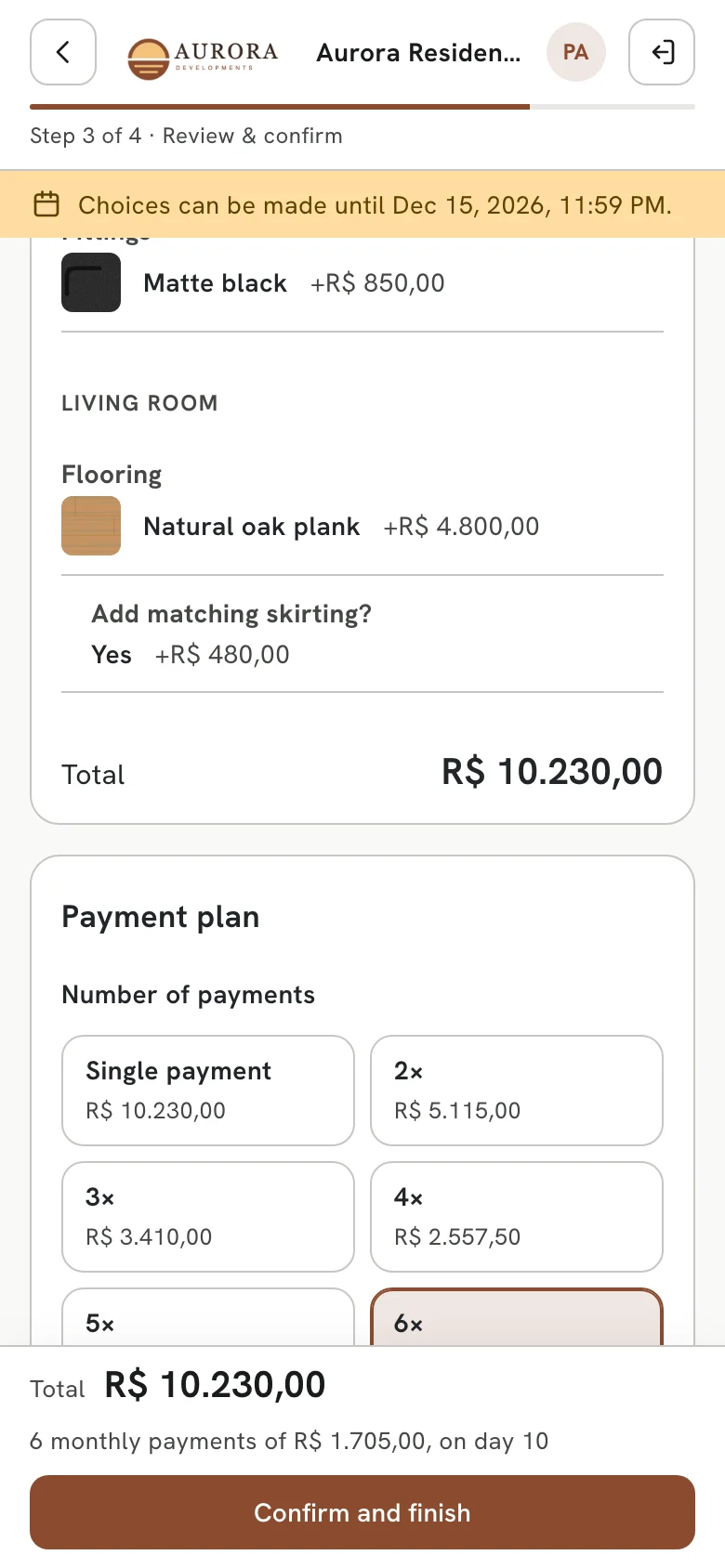 A buyer reviewing choices and picking a payment plan