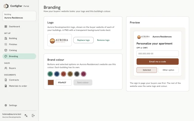 The Portal branding page: the developer's logo and brand colour, with a preview