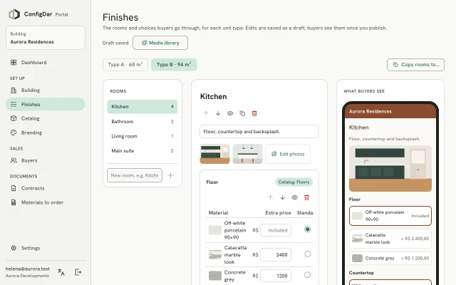 The Portal finishes editor with a live preview