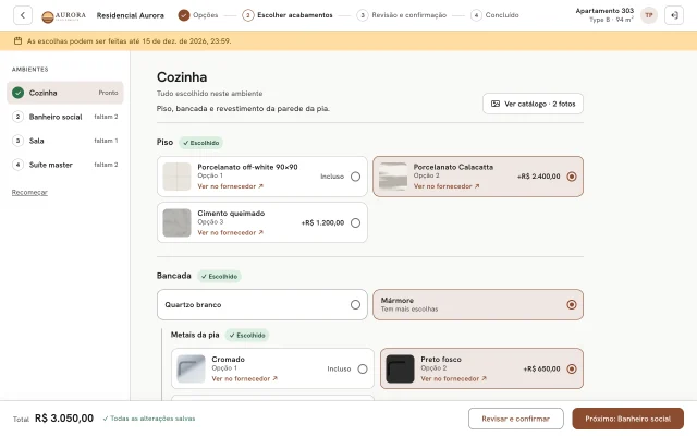 Site do comprador: escolhendo os acabamentos da cozinha com fotos e preços