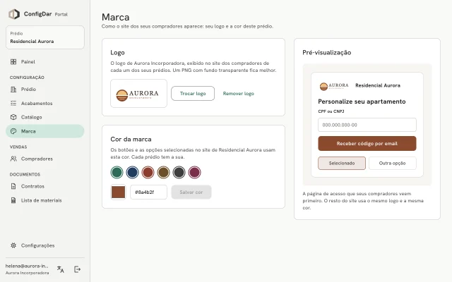 Página de marca do Portal: logo e cor da incorporadora, com prévia