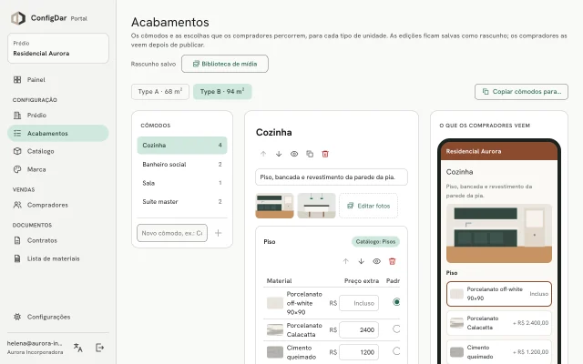 Editor de acabamentos do Portal com prévia